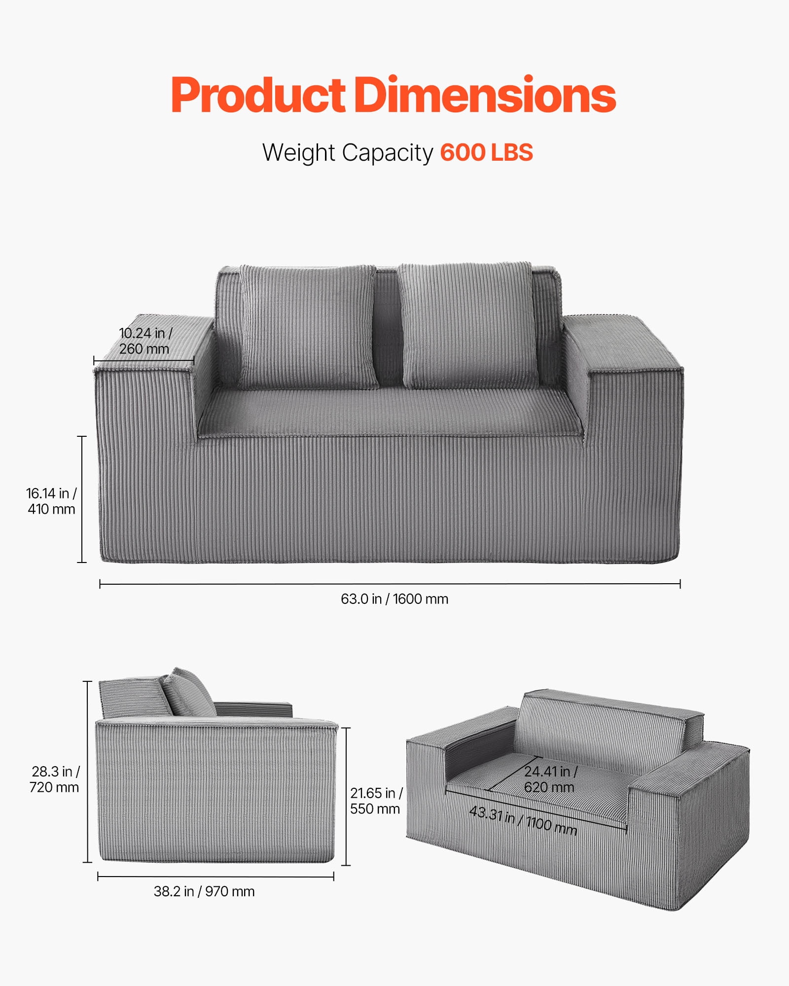 VEVOR Loveseat Sofa, 63-Inch 2-Seats Couch for Living Room, Modern Small Corduroy Couch with Pocket Springs, Soft Cushions,Comfy Loveseat for Bedroom, Office or Apartment, No Assembly Required, Gray