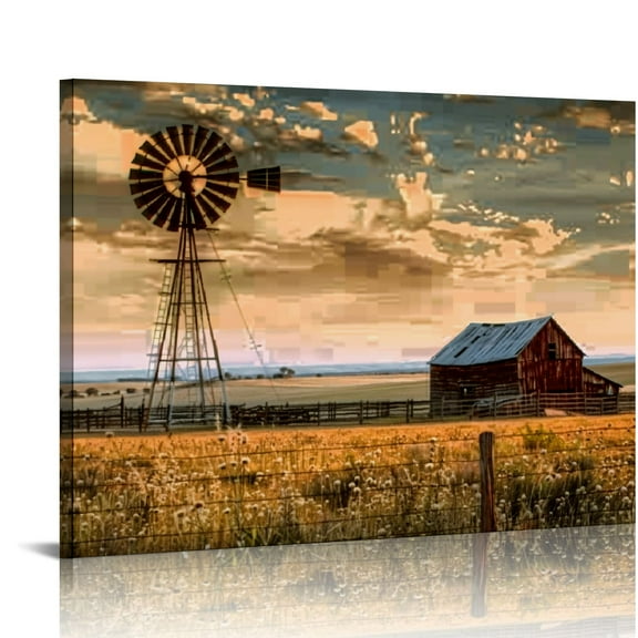 Acheng Rustic Windmill Picture Wall Art: Plains Landscape Artwork Farmhouse Painting Print on Canvas for Living Room 20x16in