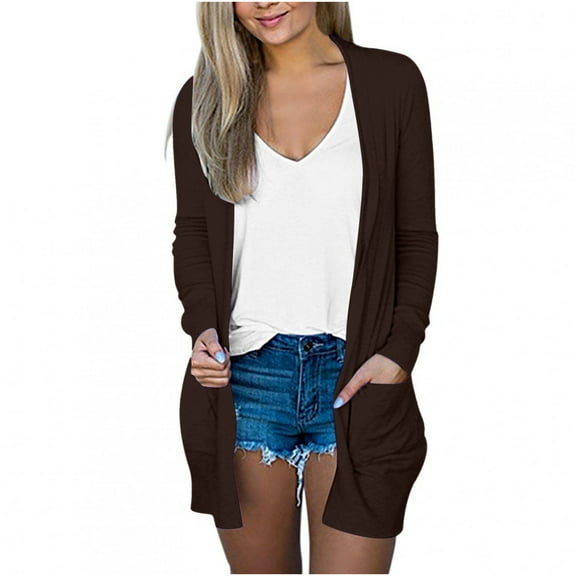 IROINNID Cardigan for Women Open Front Lightweight Solid Color Long Sleeve Casual Outerwear Cardigan with Pocket,Coffee