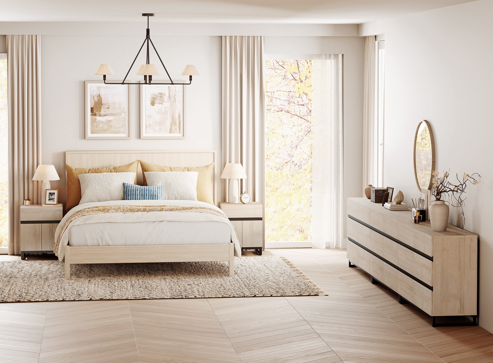 WAMPAT 5-Piece Modern Bedroom Furniture Set, 142-Inch Dresser with 18 Drawers and 2 Nightstands Featuring Drawer and Cabinet Design, Bedroom Set of 5, Beige