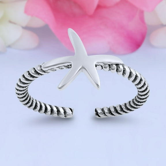 8mm Starfish Toe Band Ring 925 Sterling Silver Thin Adjustable Stylish Rings For Women