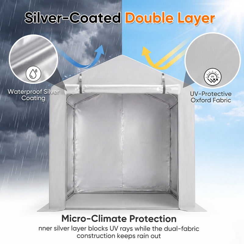 Vineego 6x8 Ft Outdoor Bike Storage Shelter, Waterproof UV Resistant Garage Tent with Zipper Roll-Up Door, Galvanized Rustproof Frame, White