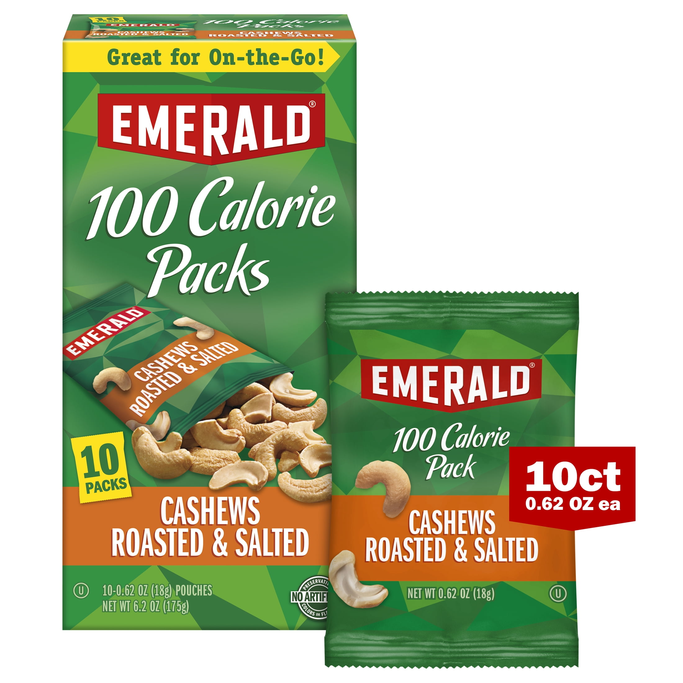 Emerald Nuts, Cashews Roasted and Salted, 100 Calorie Packs, 10 CT, 6.2 oz (Pack of 4)