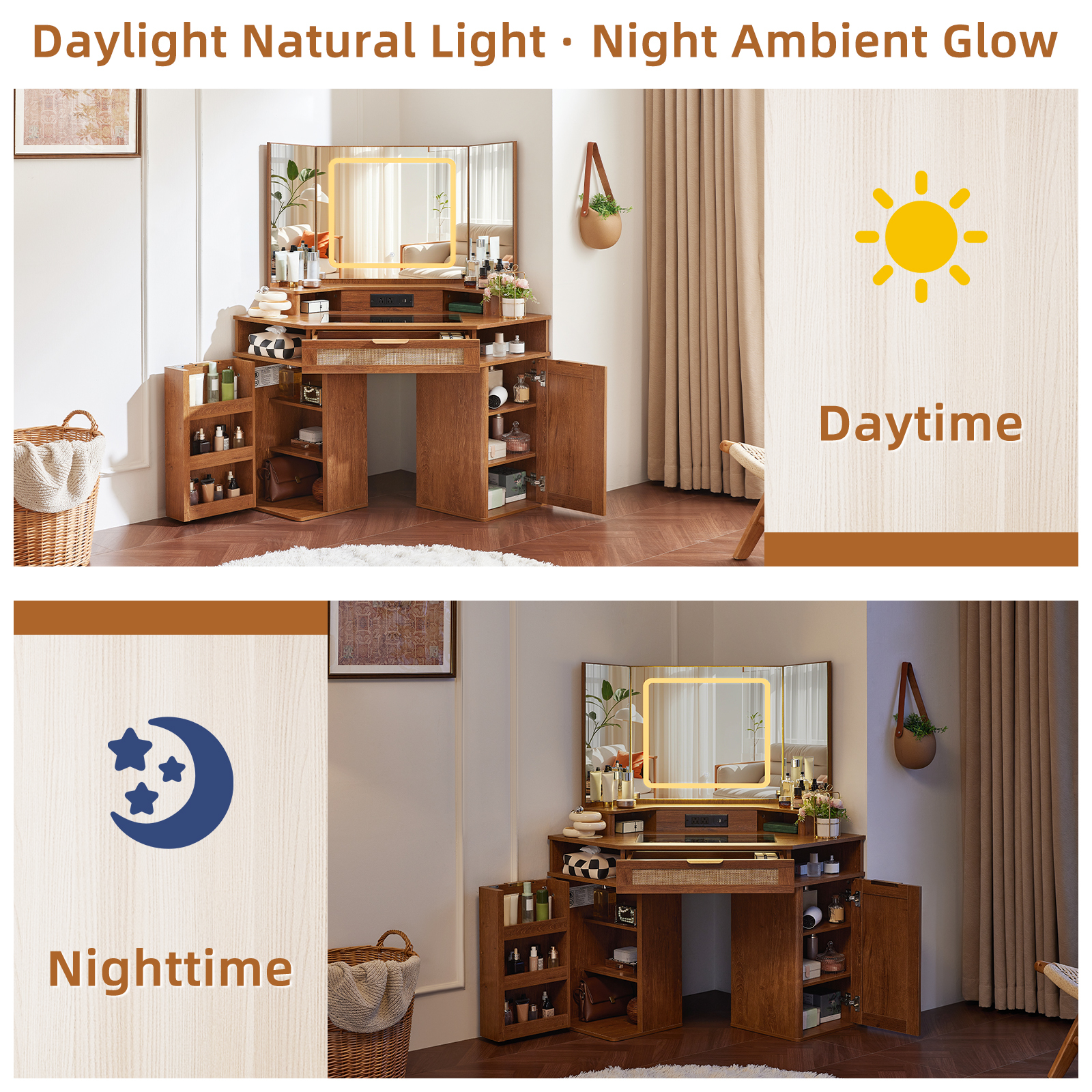 Modern Rattan Corner Vanity Desk, 46" Corner Makeup Vanity Desk with Smart Mirror and Lights, Oak Vanity Desk with Charging Station and 1 Drawer, Stool & Shelves for Bedroom, Tea Brown