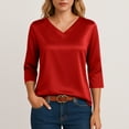 thumbnail image 5 of Fgvctg Silk Tops For Women Satin Elegant Pure Color Long Sleeve Top V Neck Shirts Loose Casual Business Work Clothes Red 2XL, 5 of 5