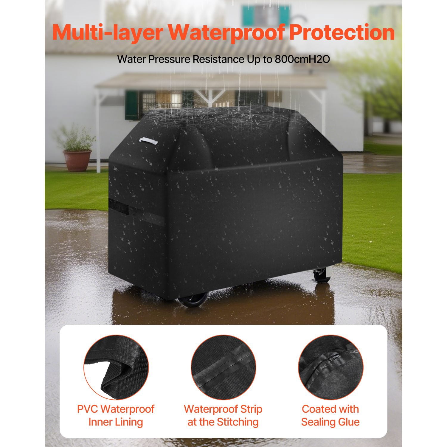 Heavy Duty Grill Cover 52x26x43 Inch 600D Polyester 5-Layer Waterproof Hook and Loop Tapes Windproof for Outdoor BBQ Gas Grill