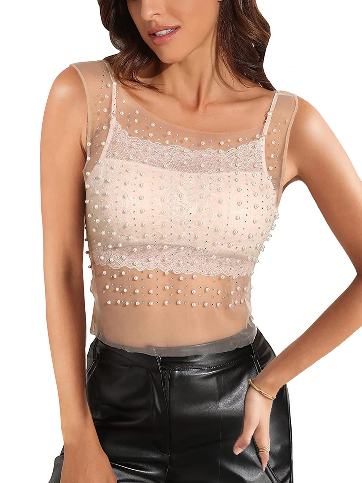Thaisu Women's Sheer Mesh Crop Cami Tops Sleeveless See Through Tie-up  Front Slim Fitted Mini Vest Tops 