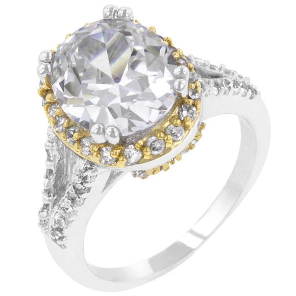 Kate Bissett R07685T-C01-05 White Gold Rhodium and 18k Gold Plated Ring with Round Cut Clear CZ in a Prong Setting in Silver and Goldtone- Size 5