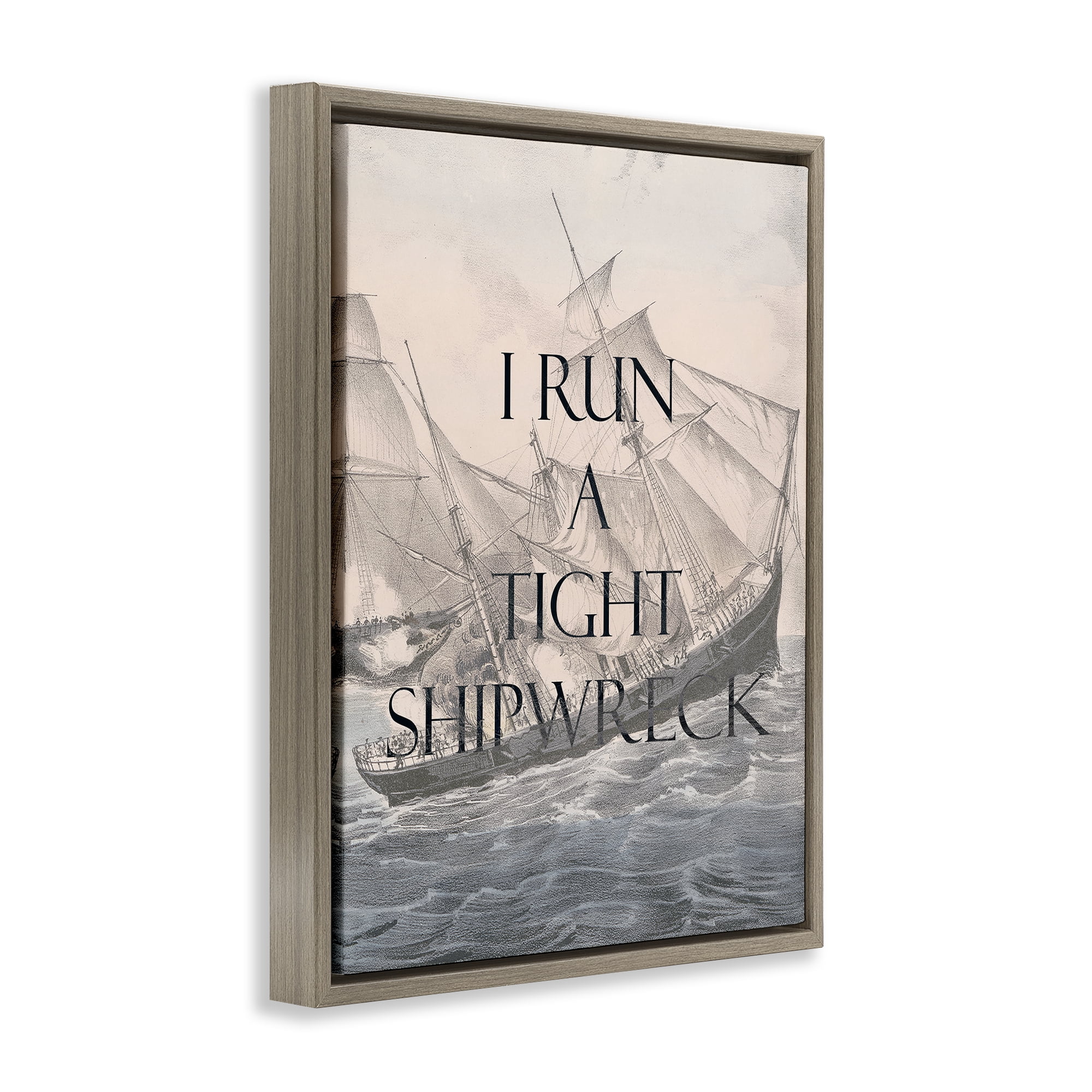Stupell Industries Run A Tight Shipwreck Nautical & Beach Painting Brown Floater Framed Canvas Art Print Wall Art, 17 x 21