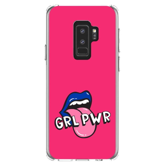DistinctInk Clear Shockproof Hybrid Case for Samsung Galaxy S9  PLUS (6.2" Screen) - TPU Bumper, Acrylic Back, Tempered Glass Screen Protector - Girl Power - GRL PWR - Loud Mouth, Pink & Blue