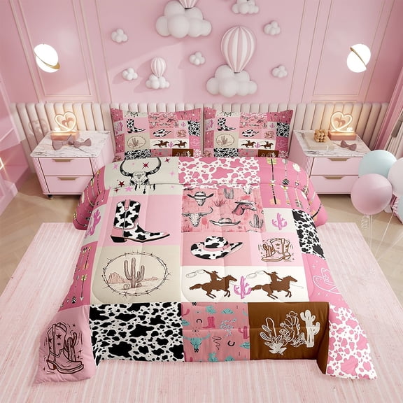 Western Bedding Queen Western Cowgirl Boots Hat Decorations Comforter Set, Boho Bull Skull Head Bedding Comforter Sets Cute Milk Cow Print Cactus Quilt with 2 Pillowcases