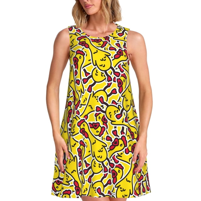 Xecao Robes d'Été Dessin Animé Poulet pour Femmes Robes Décontractées de Plage Robes de Plage Sans Manches Robe Évasée avec Poches