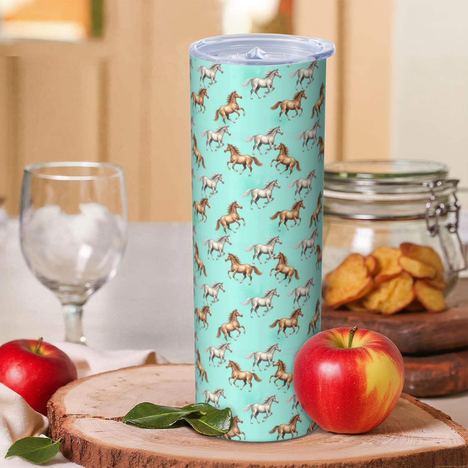 20oz Stainless Steel Skinny Tumbler, Double Wall Travel Mug with Lid and Straw,Horse Colorful Run Light Teal Pattern