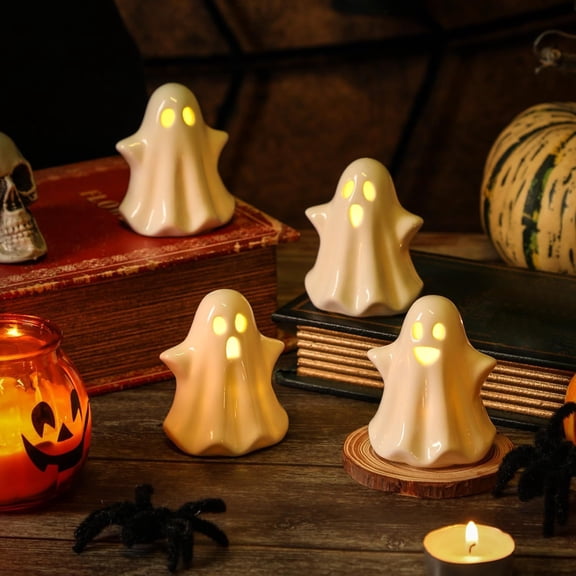 4PCS Ceramic Ghost Light Up Decor, Cute Ghost Halloween Decor, Small White Ghost Figurine Timer Led Ghost Figurines for Desk Tabletop Centerpieces Halloween Decoration Indoor