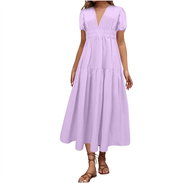 QIPOPIQ Robe Midi d'Été pour Femme à Col en V, Manches Courtes Bouffantes, Ligne A, à Volants, Liquidation