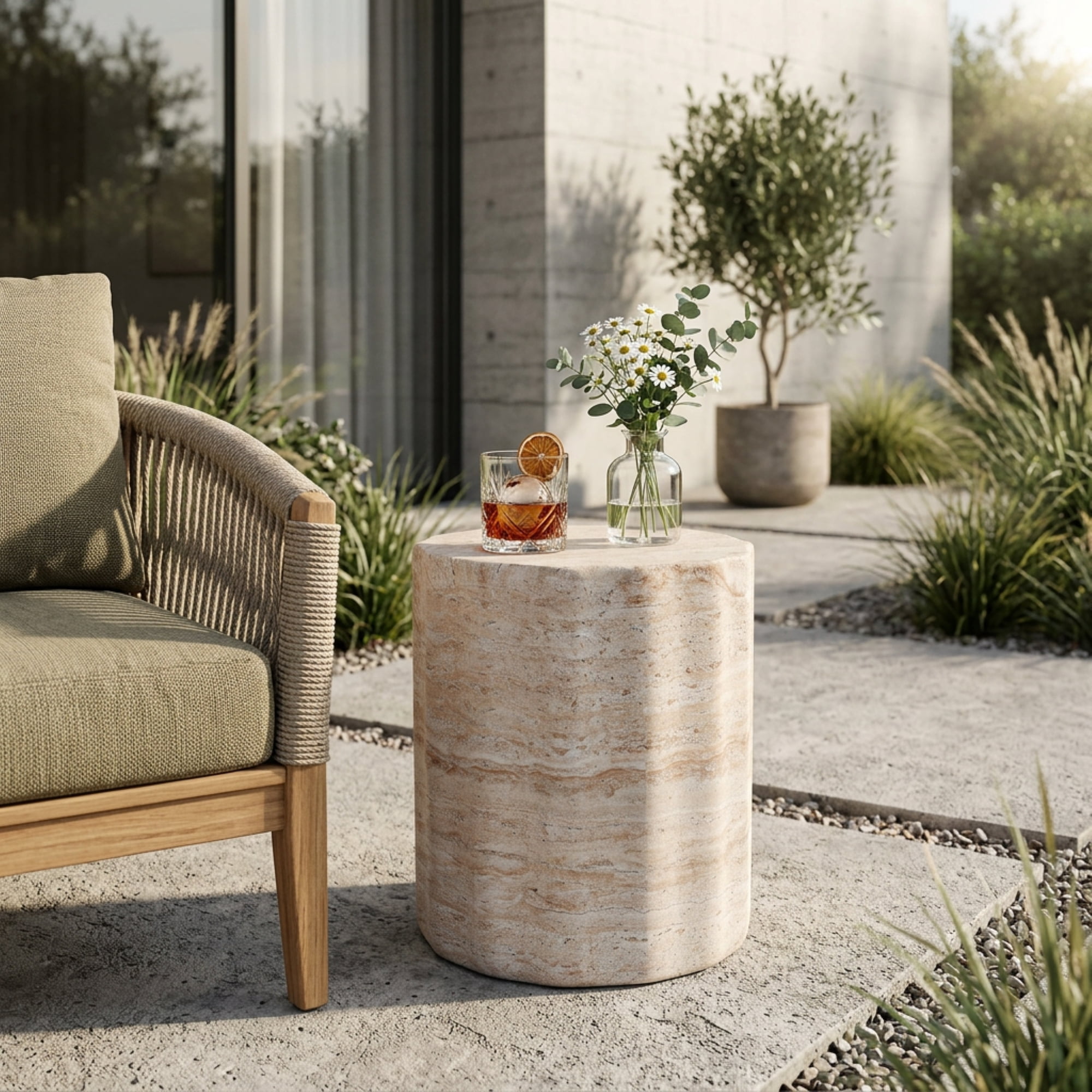 Side Table, Outdoor Indoor Lightweight Concrete Table for Patio Balcony Garden, Travertine Finish