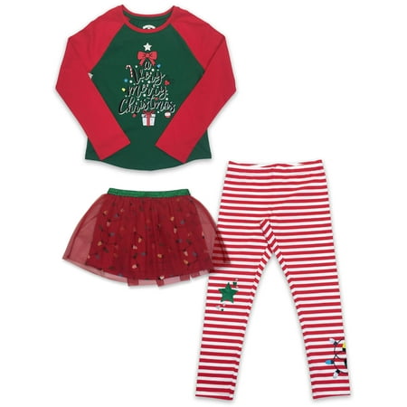 Holiday Christmas Long Sleeve Tee, Mesh Tutu Skirt & Striped Legging, 3-Piece Outfit Set (Little Girls, Big Girls & Girls' Plus)