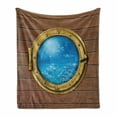 thumbnail image 1 of Shark Soft Flannel Fleece Throw Blanket, Submarine Chamber Window with a View of Coral Reef Swimming Fishes, Cozy Plush for Indoor and Outdoor Use, 70" x 90", Pale Caramel Blue Yellow, by Ambesonne, 1 of 6