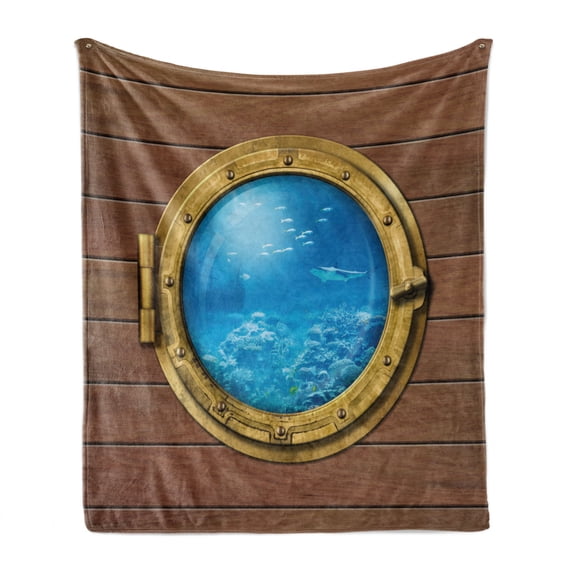 Shark Soft Flannel Fleece Throw Blanket, Submarine Chamber Window with a View of Coral Reef Swimming Fishes, Cozy Plush for Indoor and Outdoor Use, 70" x 90", Pale Caramel Blue Yellow, by Ambesonne