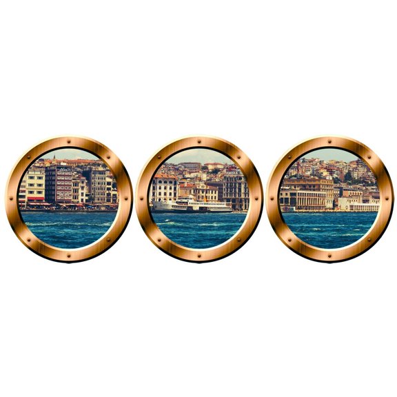VWAQ City Skyline Wall Murals, Porthole Cityscape Stickers - Peel & Stick Decals - VWAQ-SPW5 (24" Diameter, Bronze)