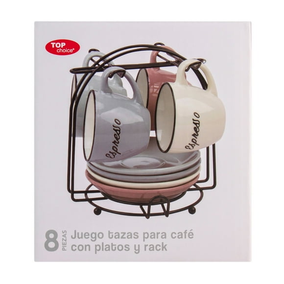 Juego de Tazas Top Choice de Porcelana para Café 90 Ml 4 Piezas con Platos y Organizador de Metal