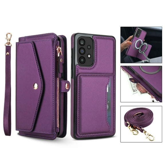 For Samsung Galaxy A54 5G Crossbody Wallet Phone Case,Magnetic Detachable Flip,With Shoulder Strap&Wrist Strap,Zipper Pocket,Card&Cash Slots,PU Leather Shockproof Rugged Phone Case,Purple
