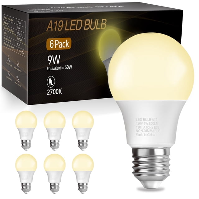 DAYBETTER Bombillas LED A19, Equivalente a 60 W, Blanco Suave de 2700K, 9W, 800 Lúmenes, Base Estándar E26, Homologadas por UL, Iluminación para Recámara, Sala de Estar, Hogar y Oficina, Paquete de 6