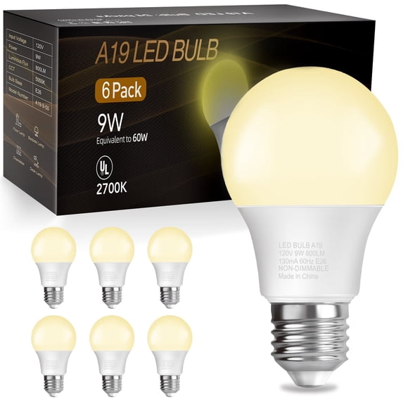 DAYBETTER Bombillas LED A19, Equivalente a 60 W, Blanco Suave de 2700K, 9W, 800 Lúmenes, Base Estándar E26, Homologadas por UL, Iluminación para Recámara, Sala de Estar, Hogar y Oficina, Paquete de 6