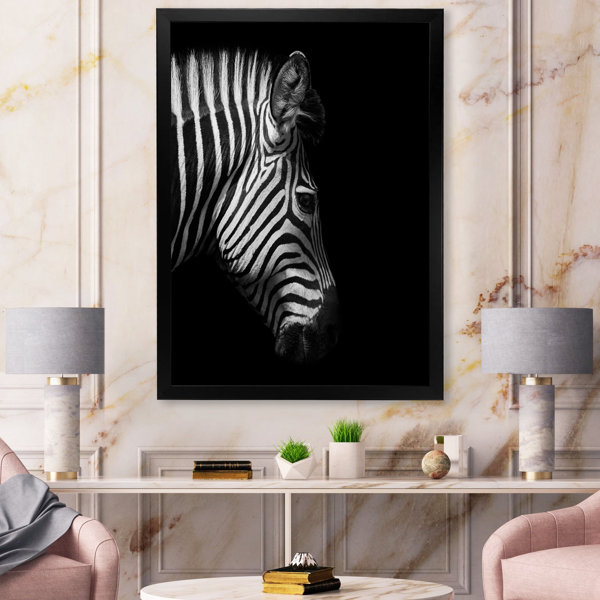 Designart 'Black and White Portrait of Zebra Head' Farmhouse Framed Art Print