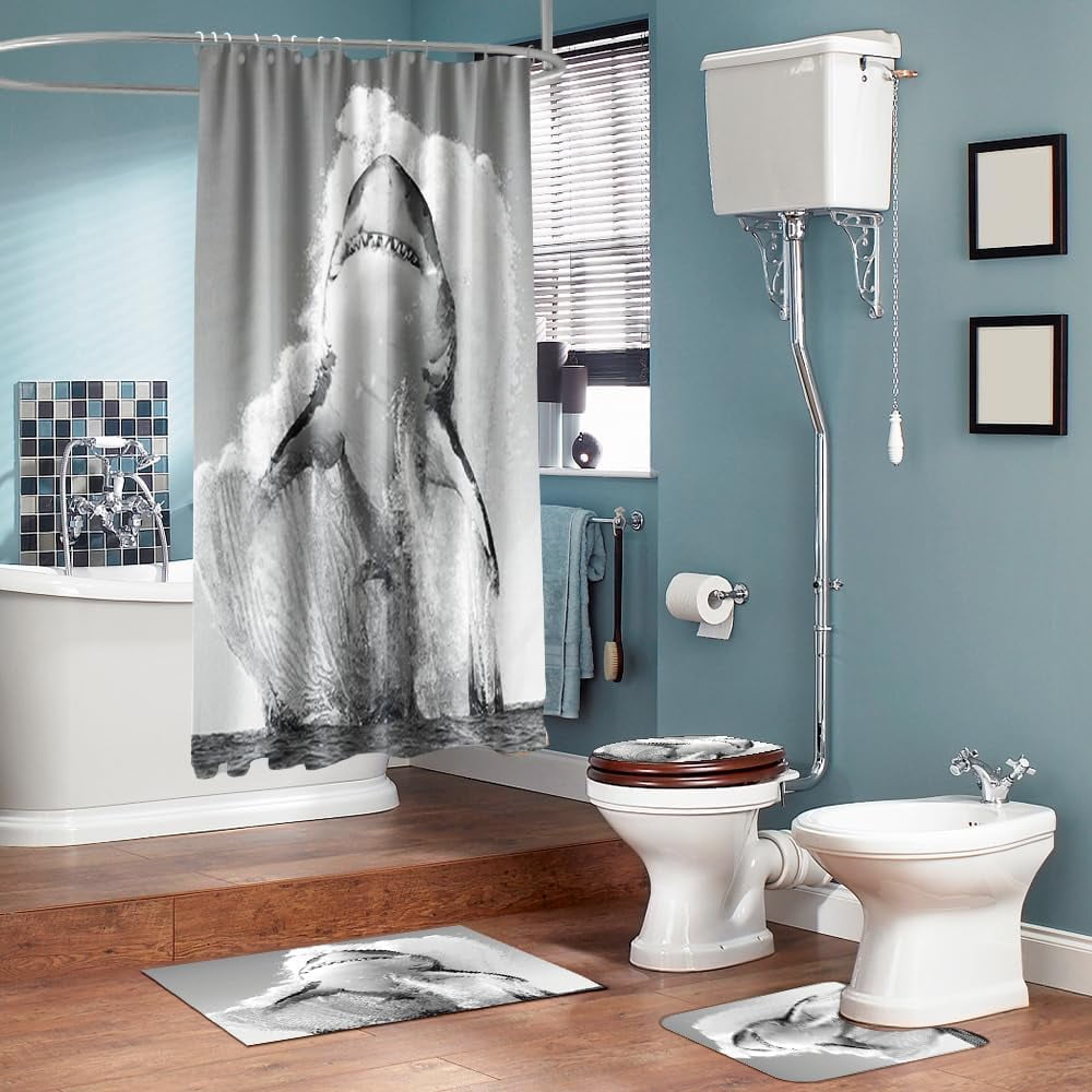 4PCS Vintage Bigfoot Sasquatch Shower Curtain Sets,Funny Animal Bathroom Sets with Non-Slip Rugs,Toilet Lid Cover,Bath Mat,Shower Curtain with 12 Hooks Farmhouse Bathroom Sets Decor