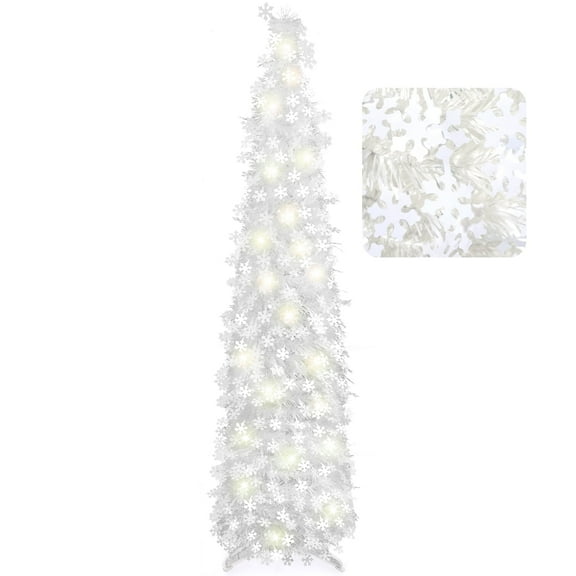 Ayieyill 5FT Pop up Christmas Tree with Lights, White Tinsel Christmas Tree with Snowflake Ornaments for Holiday Christmas Decorations, Collapsible Christmas Tree (White)