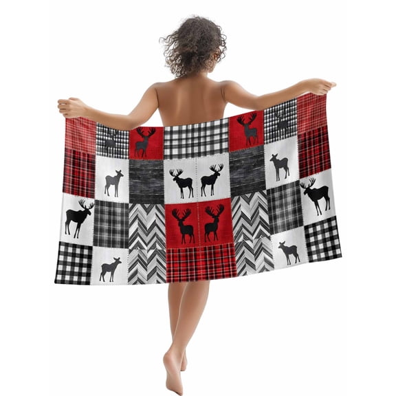 Rustic Farmhouse Checkered Plaid Beach Towels Blanket Soft & Absorbent Quick Dry Microfiber Country Cabin Deer Pool Towels for Swimming ,Yoga, Sports, Gym, Camping,Large 30X60in, Red Black White