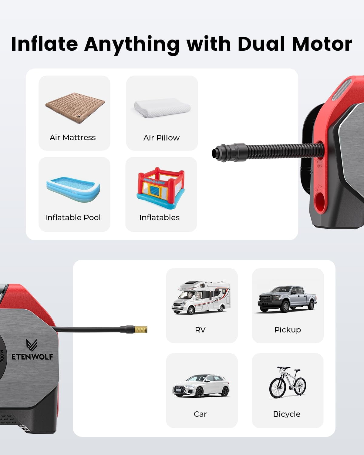 ETENWOLF Cordless Tire Inflator Portable Air Compressor, 160 PSI Air Pump for Car Tires with 15600 mAh Battery, Air Pump for Heavy-duty Vehicle, Red