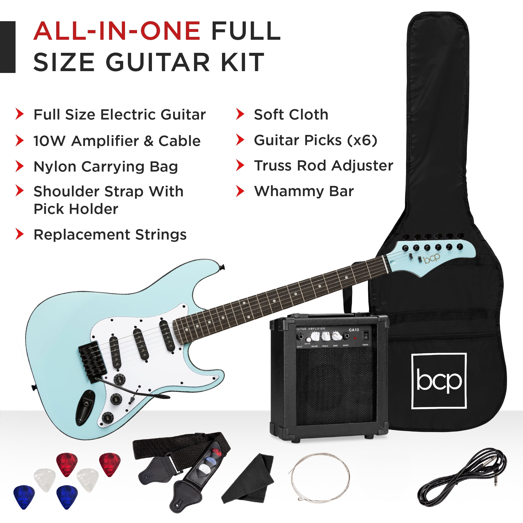 Best Choice Products 39in Full Size Beginner Electric Guitar Kit with Case, Strap, Amp, Whammy Bar - Powder Blue Best Choice Products 39in Full Size Beginner Electric Guitar Kit with Case, Strap, Amp, Whammy Bar - Powder Blue