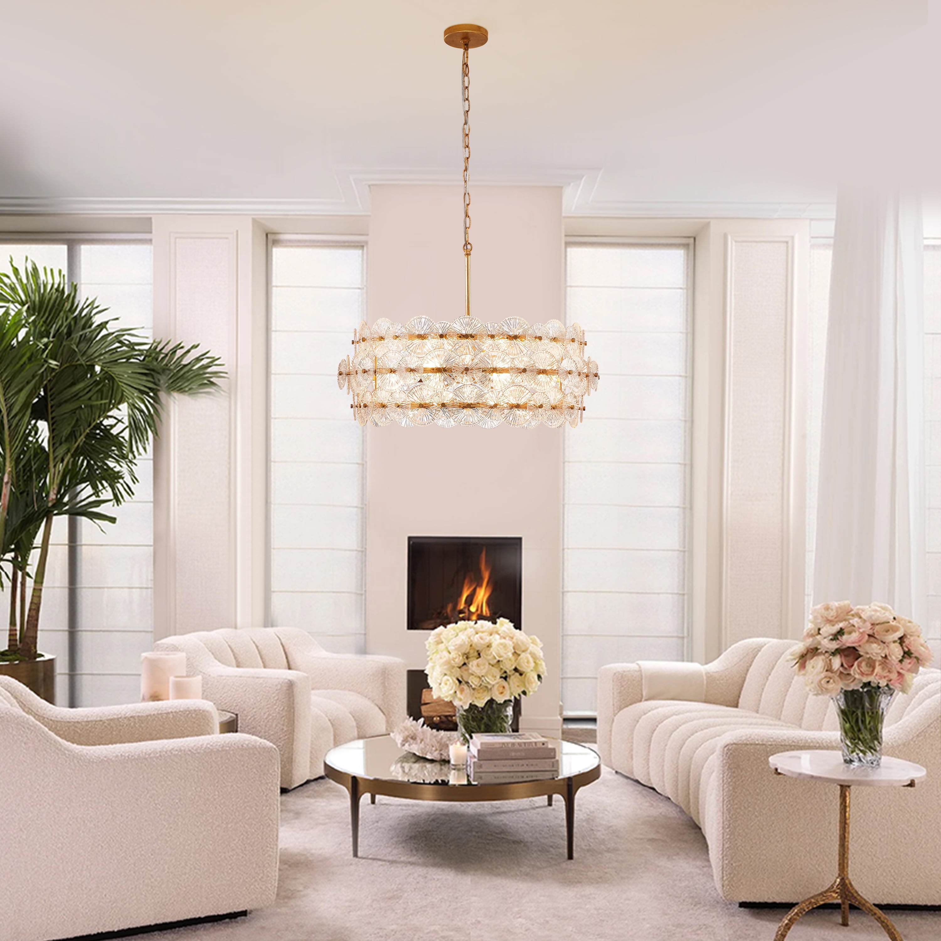 KAWOTI 6-Light Gold Glam Chandelier, DIY Island Pendant Light with Hand-Made Glass Discs for Living Room Dining Room Bedroom Hotel