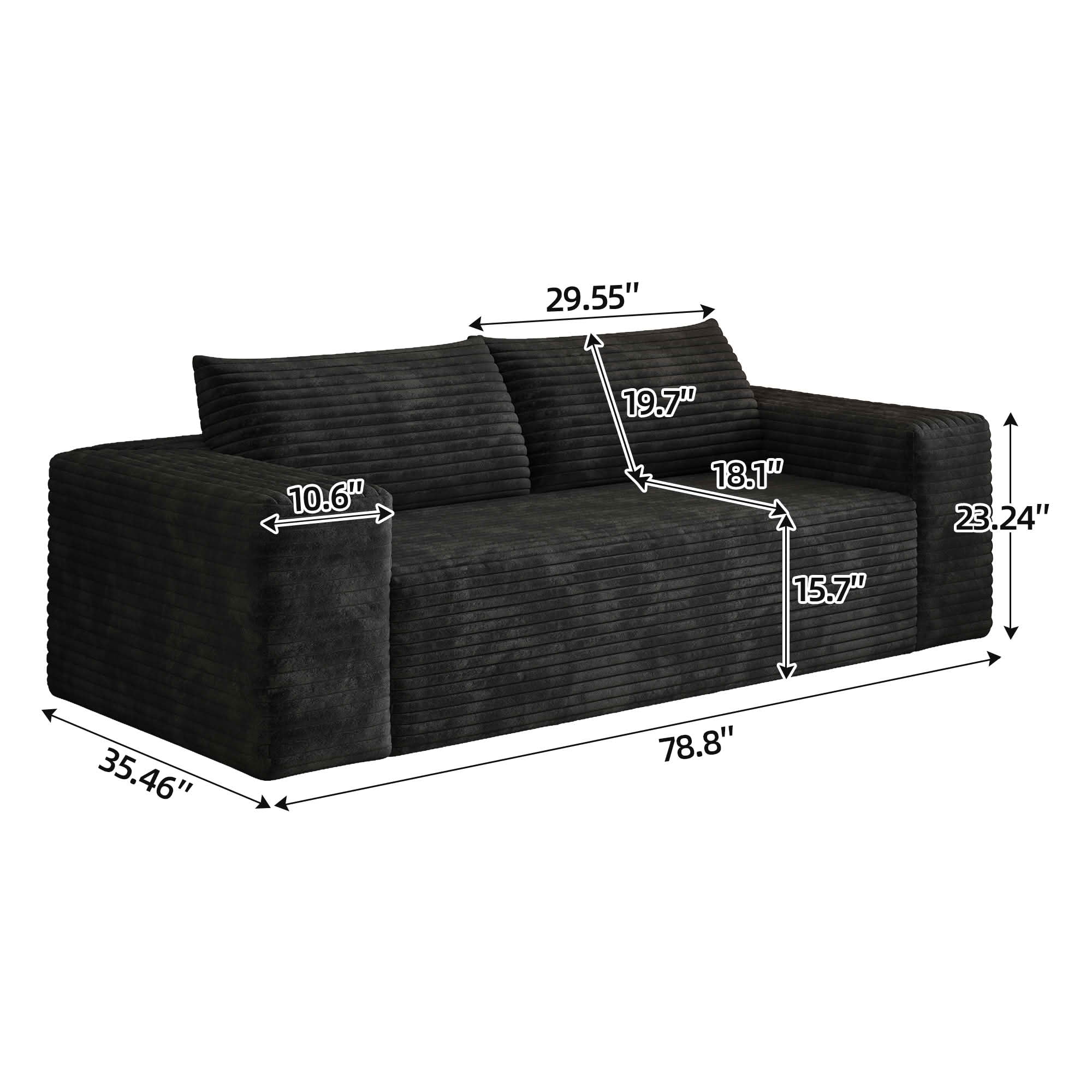 MAYEERTY 78.8" 3-Seater Corduroy Sofa, Deep Seat Comfy Couch, No Assembly, for Living Room Bedroom Conference Room, Black