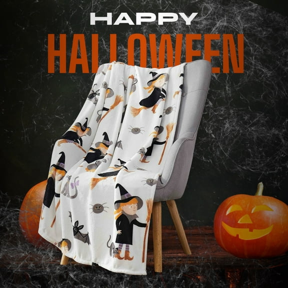 Serafina Home Halloween Throw Blanket: Cute Girl Witch with Faithful Cat Surrounded by Spiders and Bats Print on Fuzzy Soft Velvet Fleece for Sofa Bed Couch Chair or Dorm