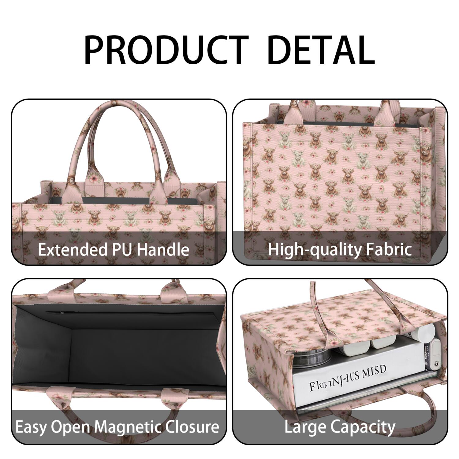 Large Capacity Tote Bag,Pink Highland Cow Flower Pattern Handbag Fashion Luxury Tote Bag,15.7"x13"x 5.1" Inches,Laptop Compatible
