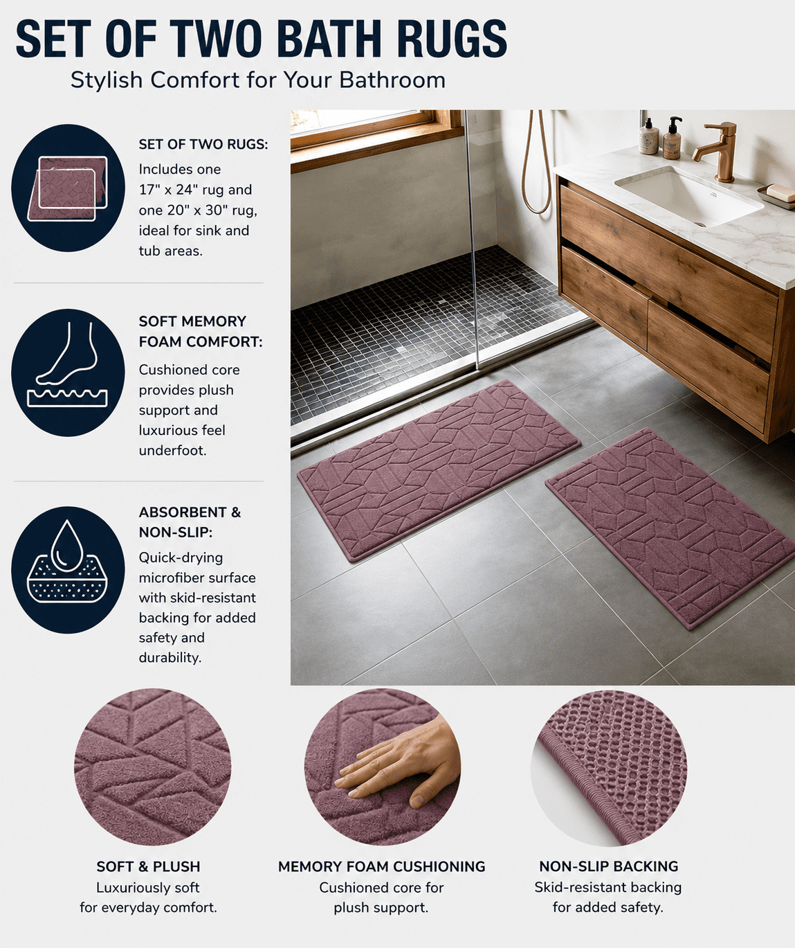 Better Homes & Gardens 2-Piece Paver Diamond Tufted Memory Foam Bath Rug Set, Violet Gem, 17 in x 24 in & 20 in x 30 in