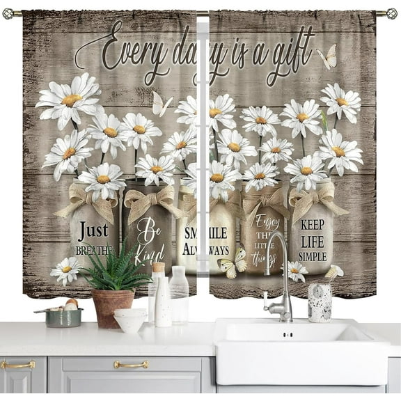 Kitchen Curtains 28x40 Inch Rustic Farmhouse Rod Pocket Sunflower Kitchen Curtain Country Short Small Barn Fork Spoon Wooden Vintage Printed Cafe Window Curtains Drapes Treatment 2 Panels