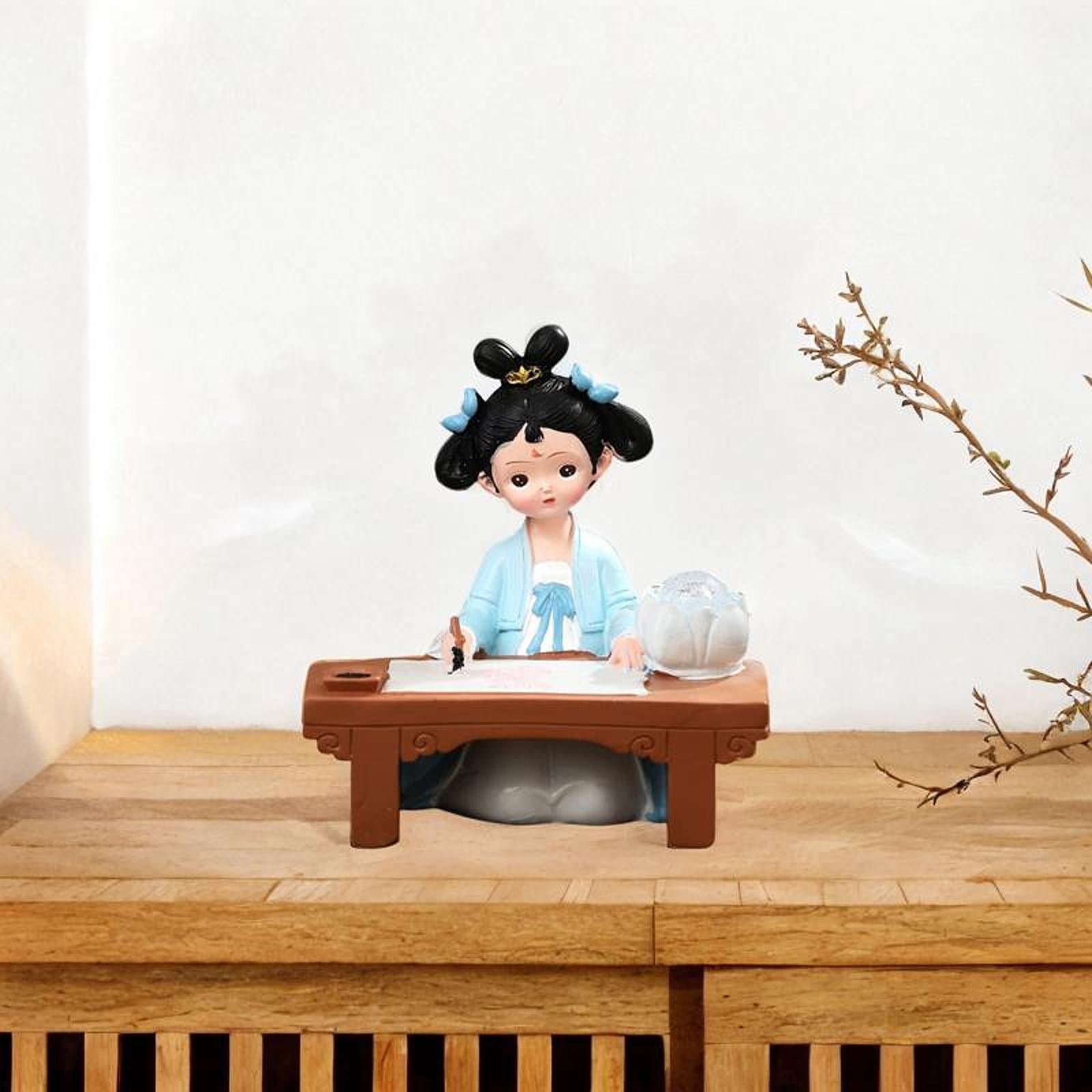 Esquirla Girl Resin Statue Figurine with Light Folk Ethnic Decoration,Miniature Traditional Chinese Ancient for Store Cabinet New Year Blue