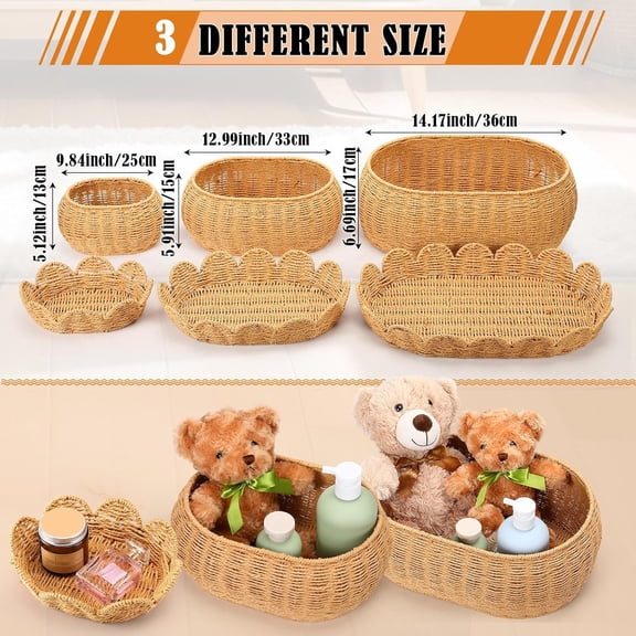 Set of 3 Scalloped Baskets with Lids 10/13/14 Inch Hand Woven Storage Wicker Baskets for Baby Shower Gifts Baby Diaper Caddy Organizer for Nursery Room(Paper Rope)