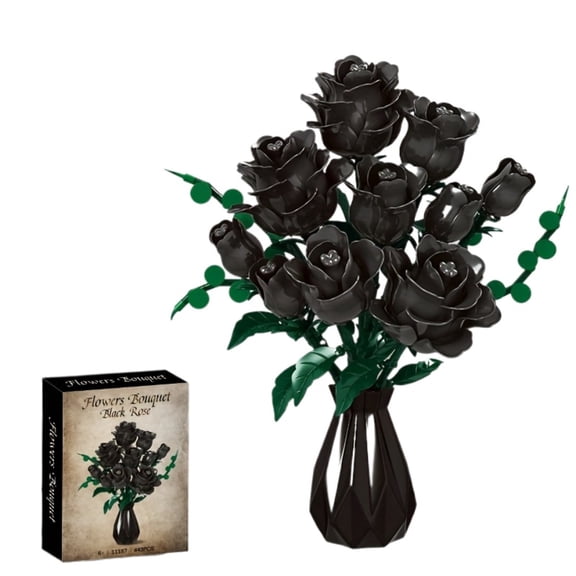 Remocguys Black Rose Bouquet Building Blocks Set Compatible with Lego Flower Gothic Artificial Botanicals with Vase for Adults Girls 443pcs