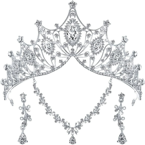 3 Pieces Baroque Queen Crown Set, Tiara Earrings Necklace Crystal Headband Tiaras and Crowns for Women Bridal Wedding Jewelry Halloween Prom Birthday Party Hair Costume Accessories, 3