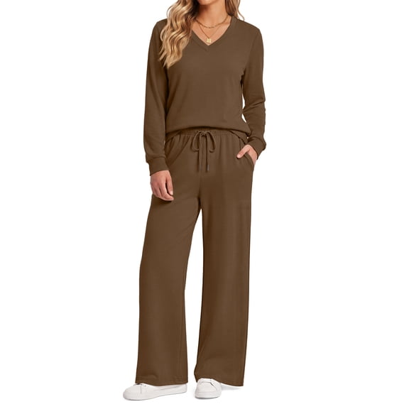 Fantaslook Two Piece Sets for Women Fall Outfits Long Sleeve Tops Wide Leg Pants Lounge Matching Sets Vacation Travel Outfits