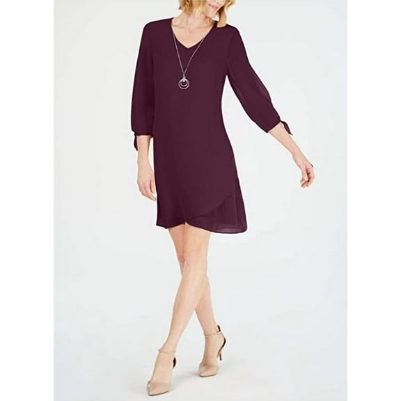 JM Collection Women's Tie-Sleeve Necklace V Neck Short Shift Dress, Burgundy, XS