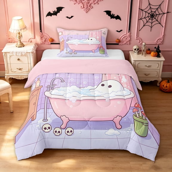 Feelyou Kawaii Ghost Mushroom Twin Comforter Sets, Sugar Gothic Halloween Bedding Set, Pink Lavender, Pink Reversible, 2pcs, 1 Comforter and 1 Pillowcase