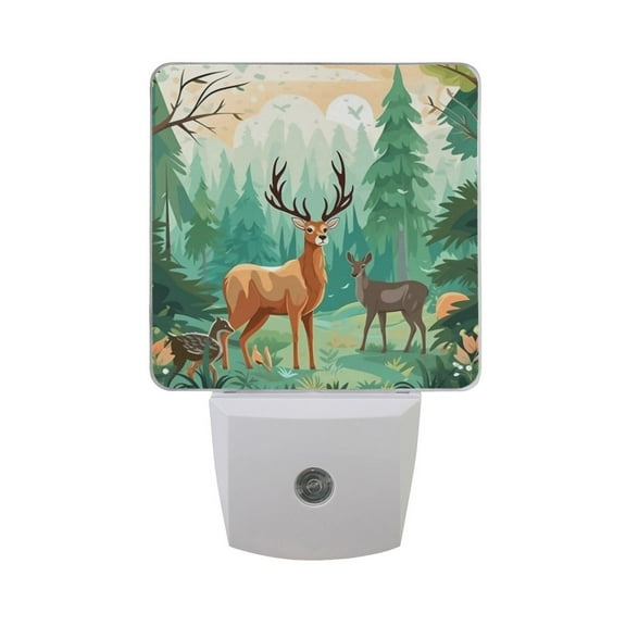 Deers in Forest Night Light LED Dusk to Dawn Auto Sensor Night Lamp Plug-in Nightlight for Bedroom Hallway Kitchen 2 PCs