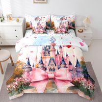 Homewish Kids Princess Castle Bedding Comforter Set 7pcs, Pink Watercolor Bowknot Queen Bedding Sets, Oil Printing Reversible Queen Sheet Sets, Ultra Soft Bedroom Decor