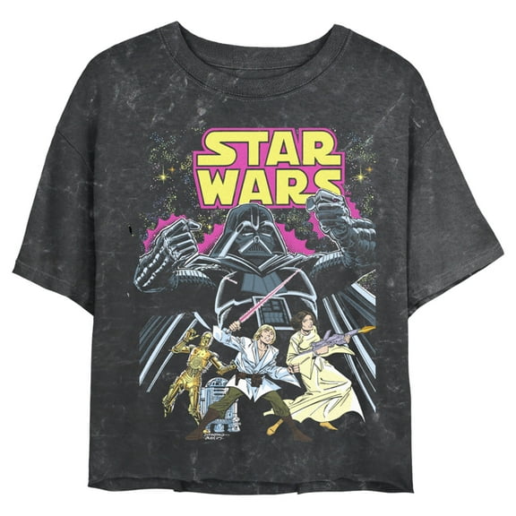 Junior's Star Wars Comic Cover Crop Graphic Tee Black Mineral Wash 2X Large